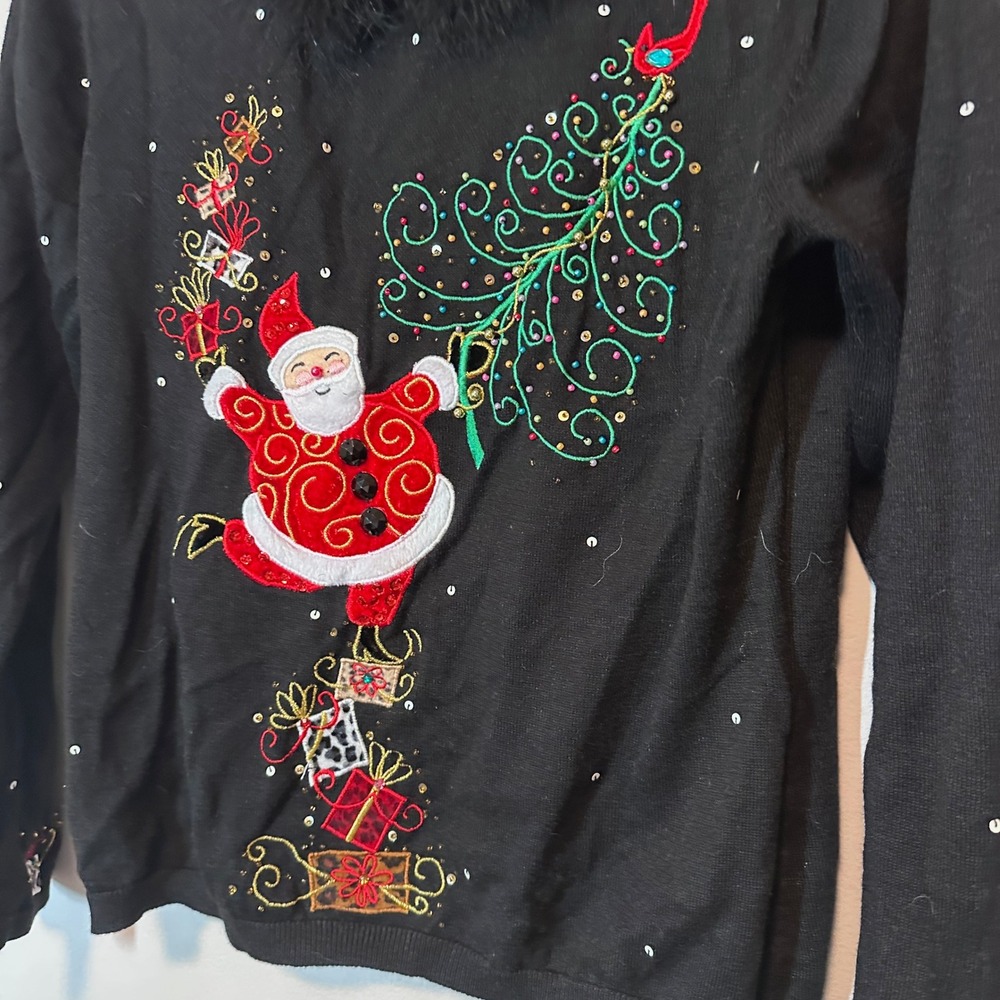 Jack B Quick Womens Christmas Sweater Santa Tree Faux Fur Trim Black Medium